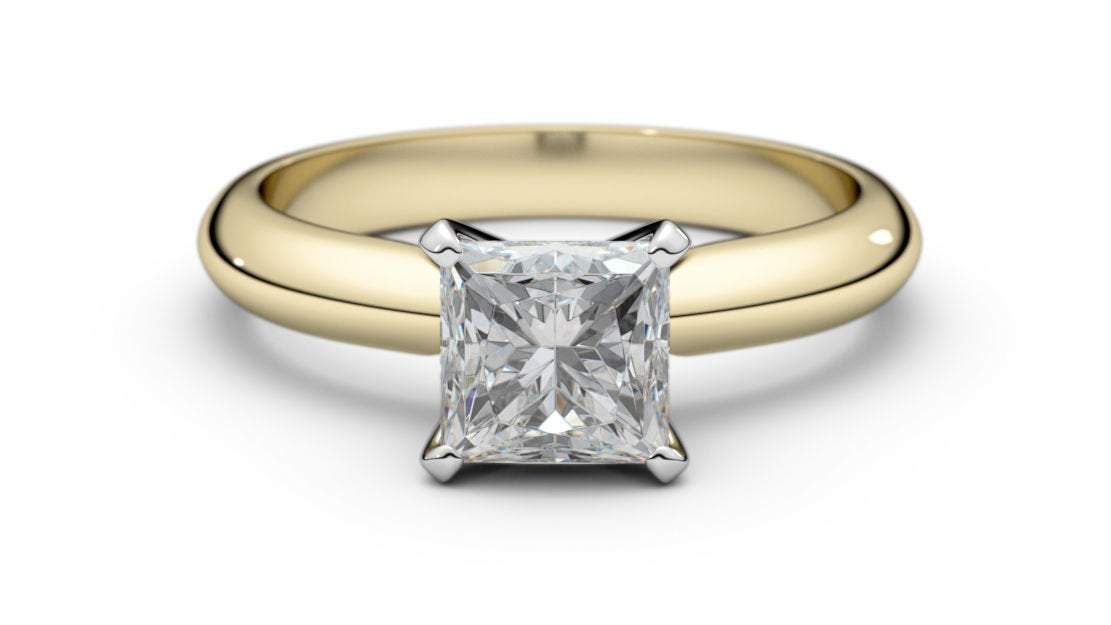 2 Tone Solitaire Engagement Ring with Princess cut Moissanite made in 14K or 18K white and Yellow gold