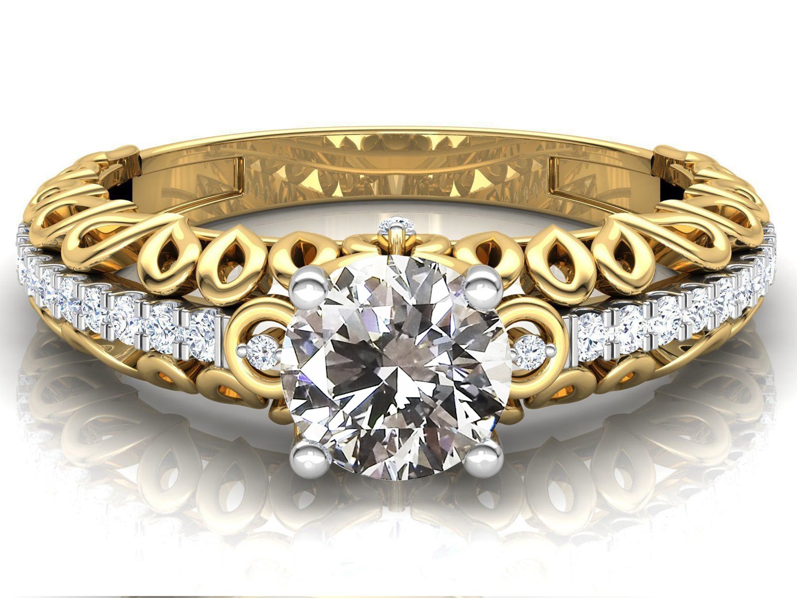 1.3 carat Milgrain Filigree Diamond Gold Ring Wide Shank with Row Diamonds Unique Engagement Milgrain Diamond Engraved Swirl Filigree