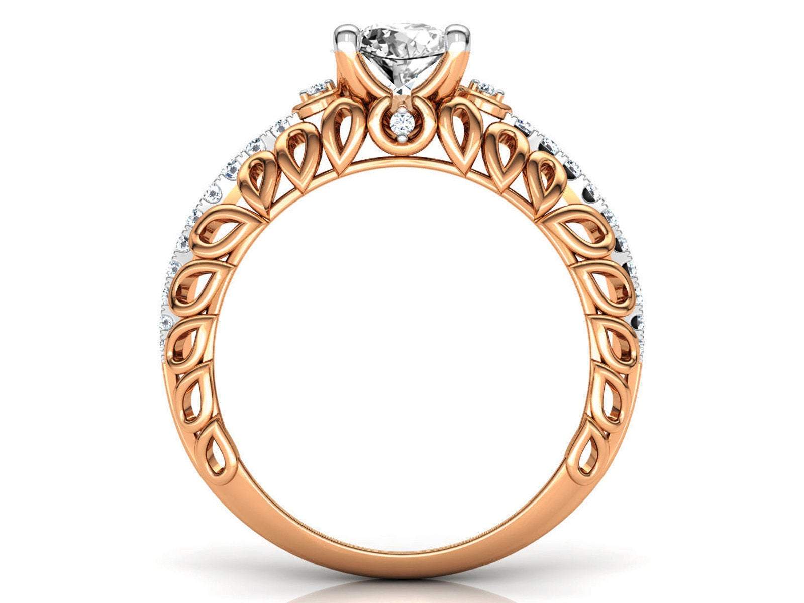 Rose Gold Milgrain Diamond Ring Swirl Filigree 1.3 ct Diamond Gold Ring Wide Shank 1 Row Diamonds Unique Engagement Milgrain Trellis shank