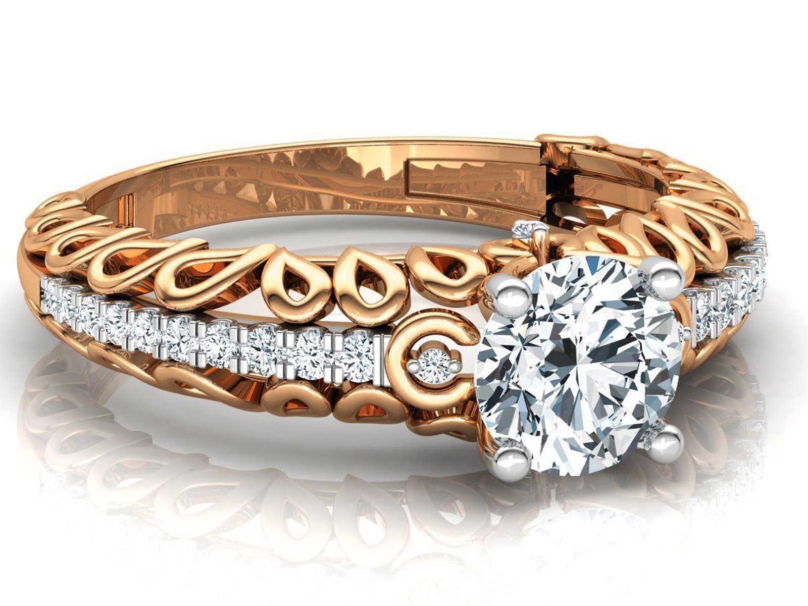 Rose Gold Milgrain Diamond Ring Swirl Filigree 1.3 ct Diamond Gold Ring Wide Shank 1 Row Diamonds Unique Engagement Milgrain Trellis shank