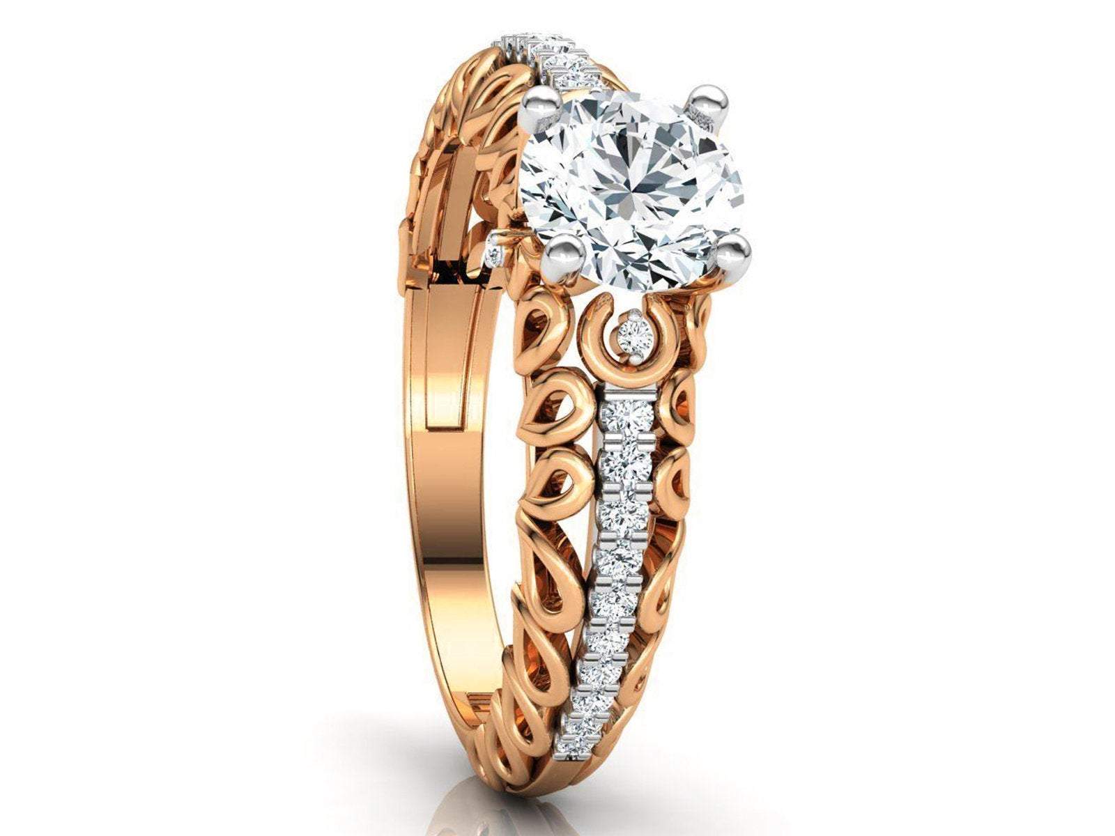 Rose Gold Milgrain Diamond Ring Swirl Filigree 1.3 ct Diamond Gold Ring Wide Shank 1 Row Diamonds Unique Engagement Milgrain Trellis shank