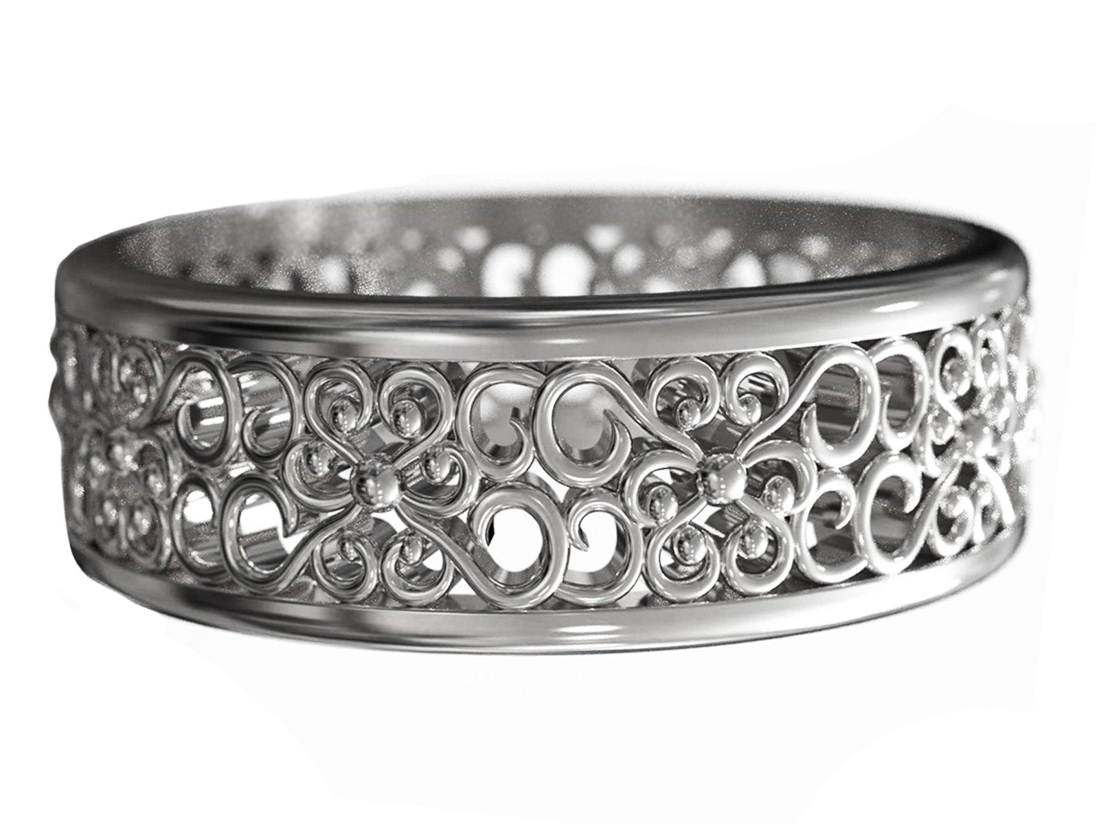 14K White Gold Flower Wedding Band Filigree Band Milgrain Band Engraved Flower Filigree Band Leaf Band Botanical Band Ring Promise Ring - Lianne Jewelry