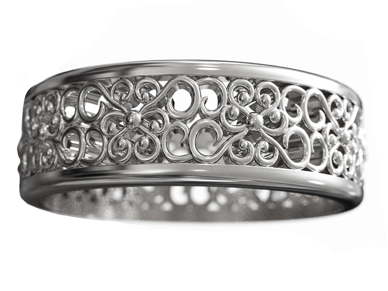 14K White Gold Flower Wedding Band Filigree Band Milgrain Band Engraved Flower Filigree Band Leaf Band Botanical Band Ring Promise Ring