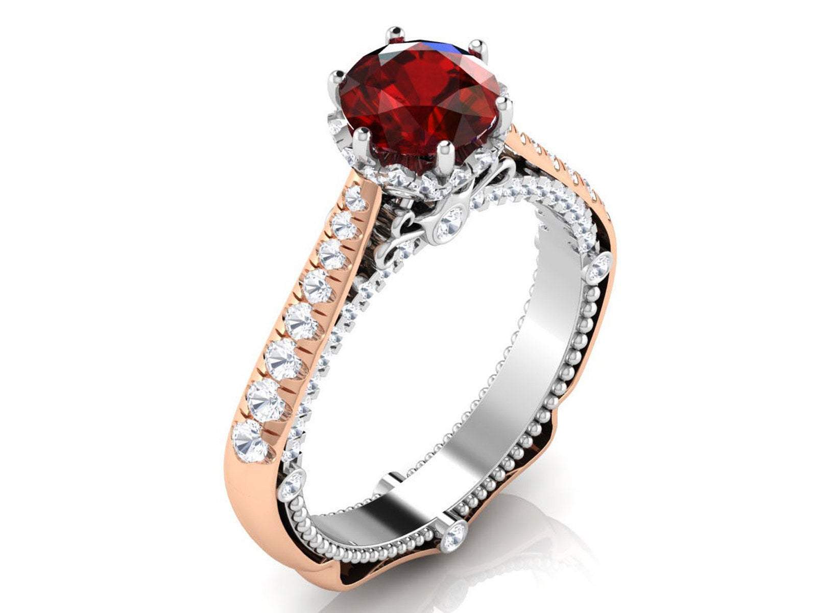 14K Gold 2 Tone Ruby Engagement Ring Milgrain Solitaire Ring 18K Solid Gold Contour Filigree Vintage Style