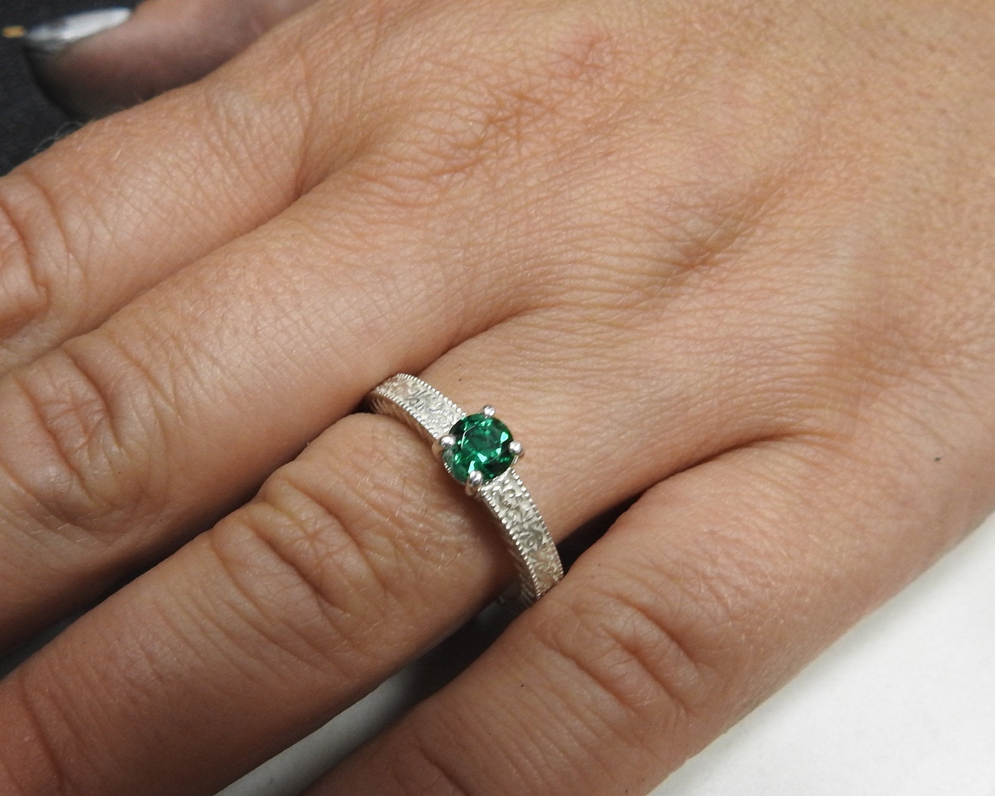 Silver Emerald Solitaire Engagement Ring Filigree Ring Unique Emerald Ring Milgrain Ring