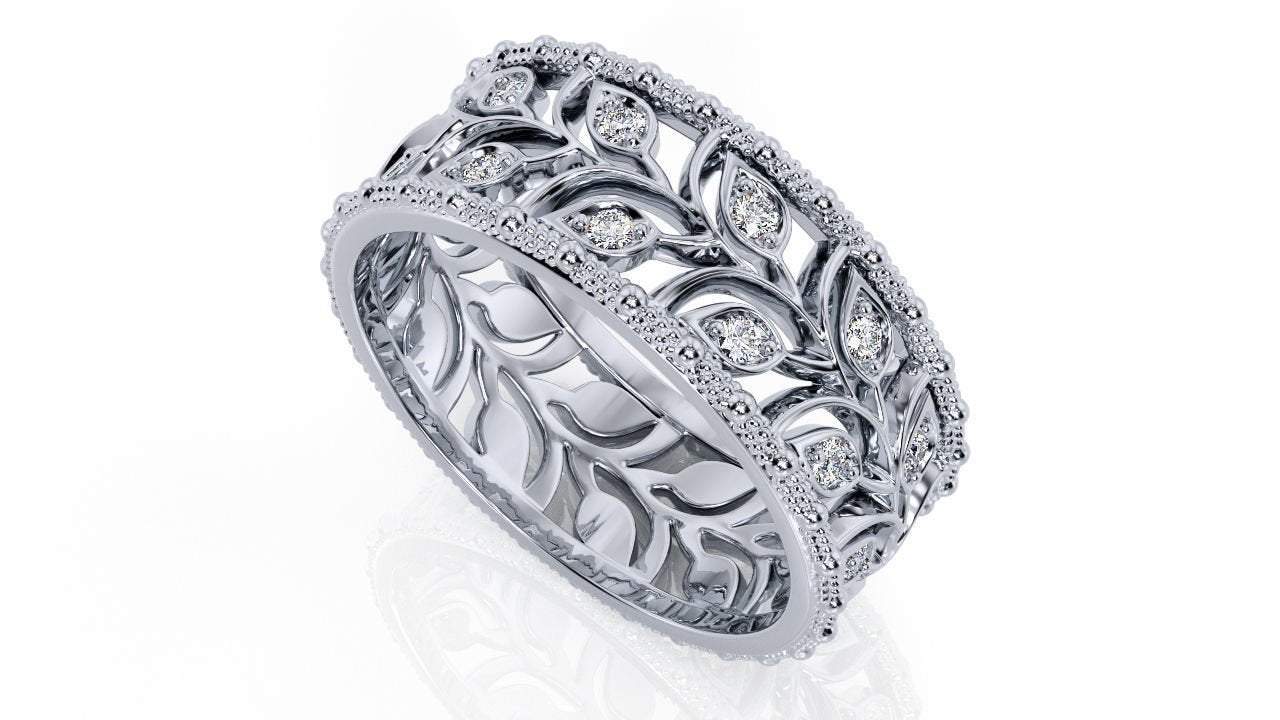 White gold Leaves Wedding Band Wide Band with Diamonds Leaf Floral Band Ring Birthday Gift Wedding Ring Band Milgrain