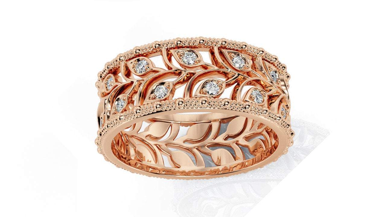 Wedding Band Milgrain Leaf gold Leaves Wedding Band Wide Band with Diamonds Leaf Floral Band Ring Birthday Gift Wedding Ring Band Milgrain