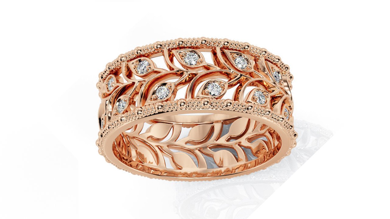 White gold Leaves Wedding Band Wide Band with Diamonds Leaf Floral Band Ring Birthday Gift Wedding Ring Band Milgrain