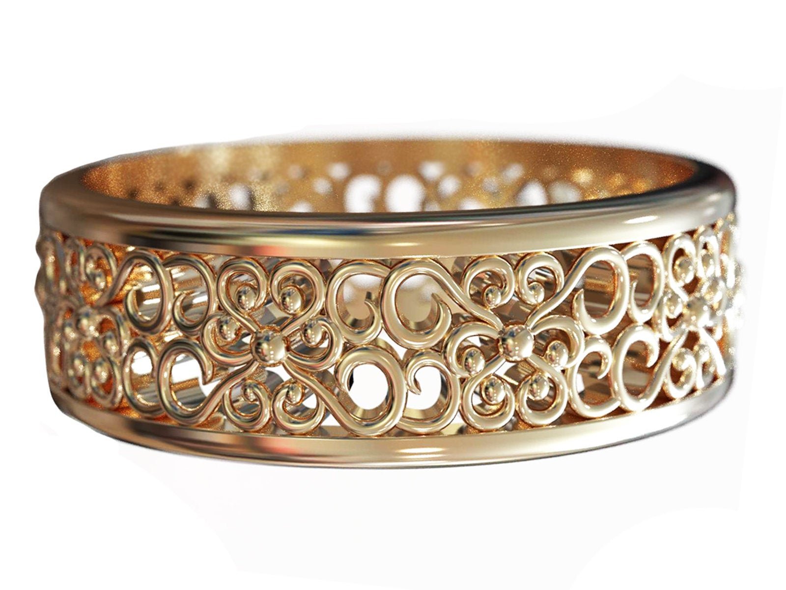 Flower Band 14K Gold Wedding Band Flower Milgrain Engraved Flower Filigree Band Leaf Ring Floral Band Botanical Band Ring Anniversary Band - Lianne Jewelry