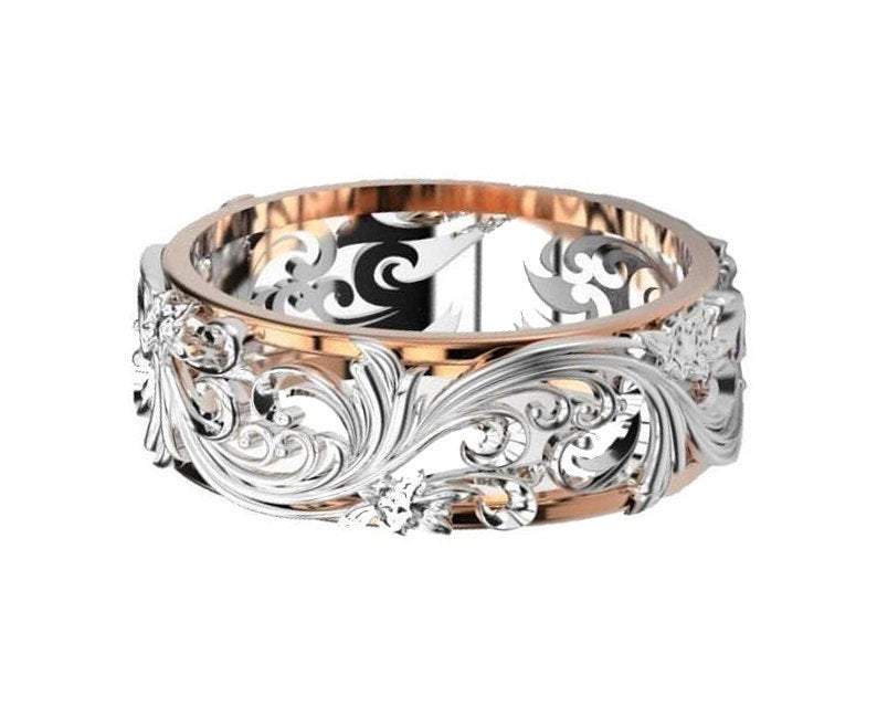 SALE -50% - 2 Tone Leaves Band 18K Flower Ring Filigree Ring in Ring US ring size 5 - Lianne Jewelry