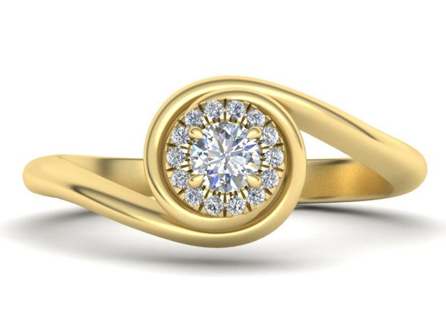 Solitaire Spiral Halo Ring 14K Gold Swirl Shank Unique Engagement Ring Curved Ring Sunflower Ring - Lianne Jewelry
