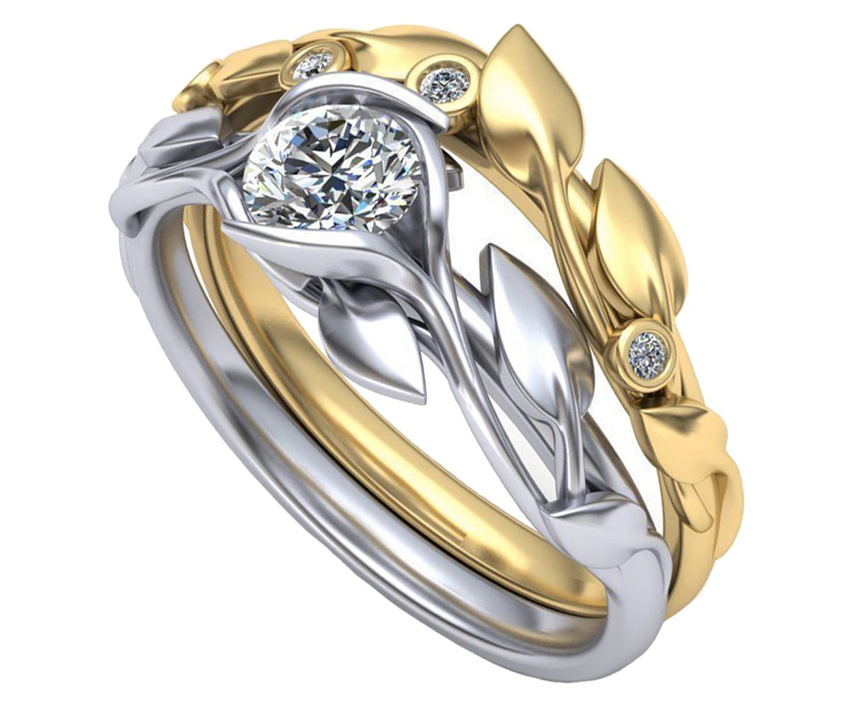14K Ring Set 2 Tone Gold Leaves Wedding Bridal Set White Gold Engagement Wedding Set Matching Band in Yellow Gold
