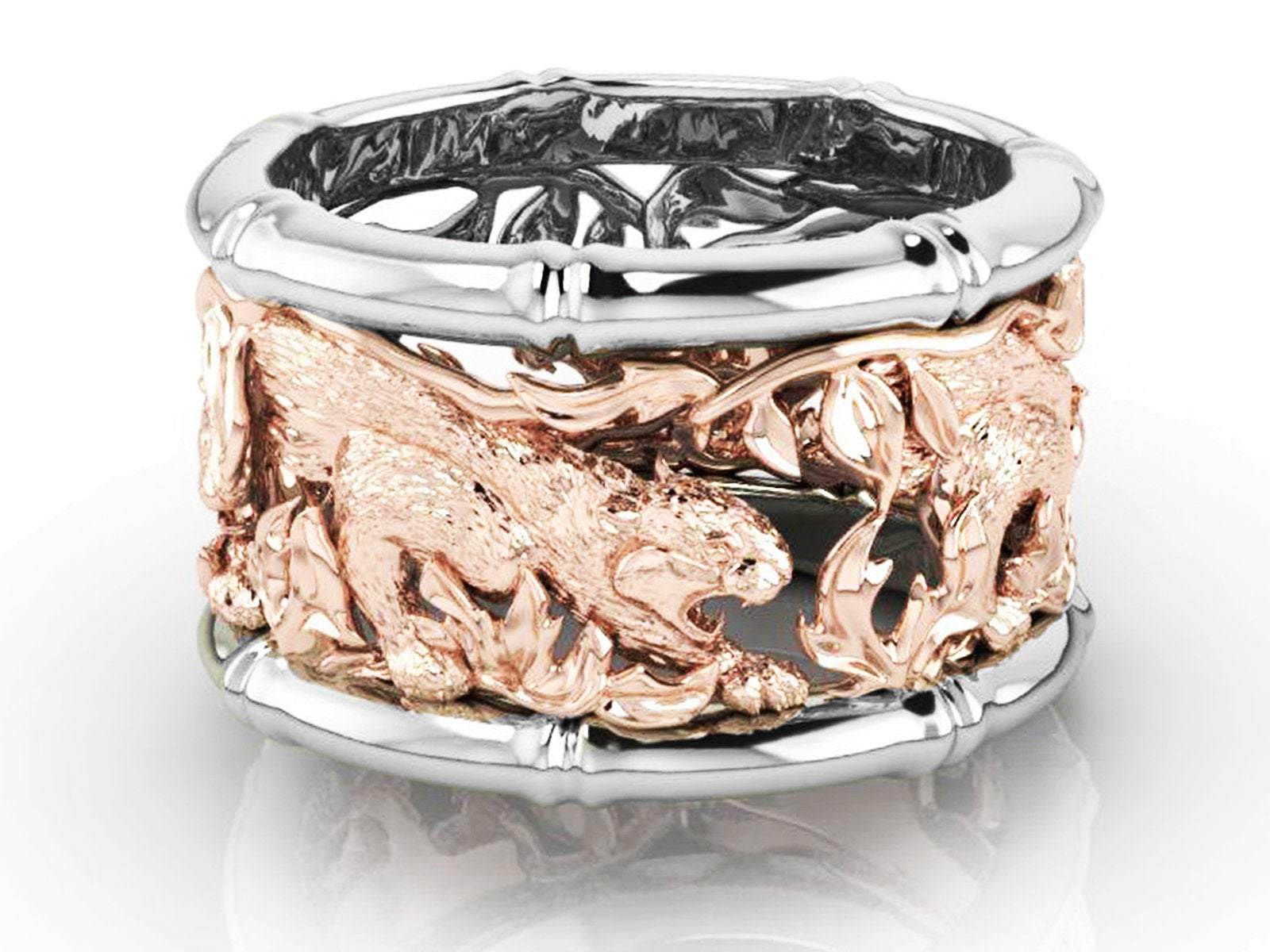 Tiger Men's Ring Band Wide Band 2 Tone Filigree Yellow & White gold