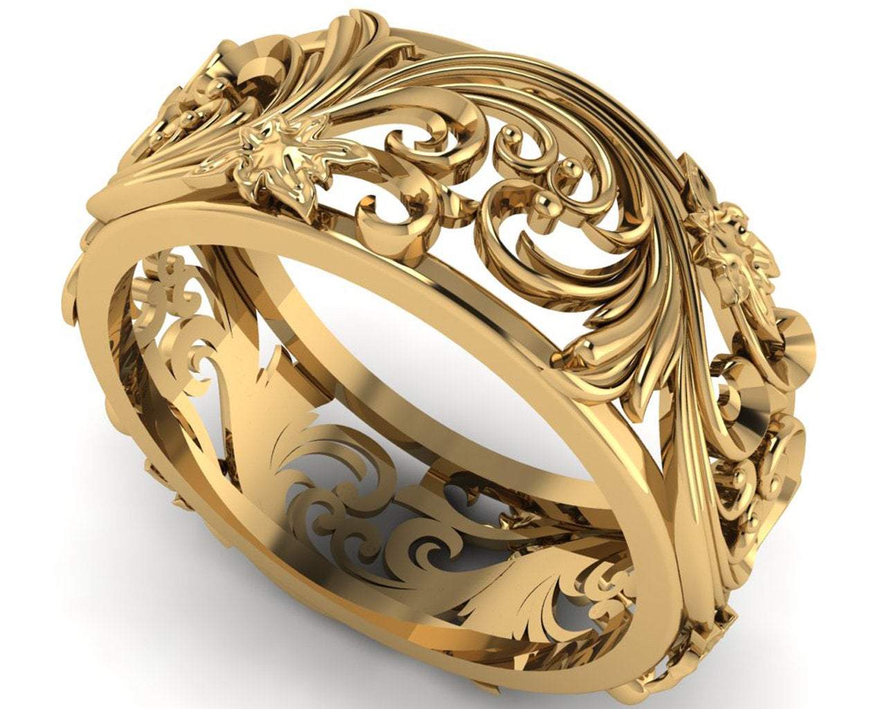 18K Unique Wedding Band Milgrain Band Filigree band Engraved Ring Flower Band Leaf Wedding Band Daughter Gift