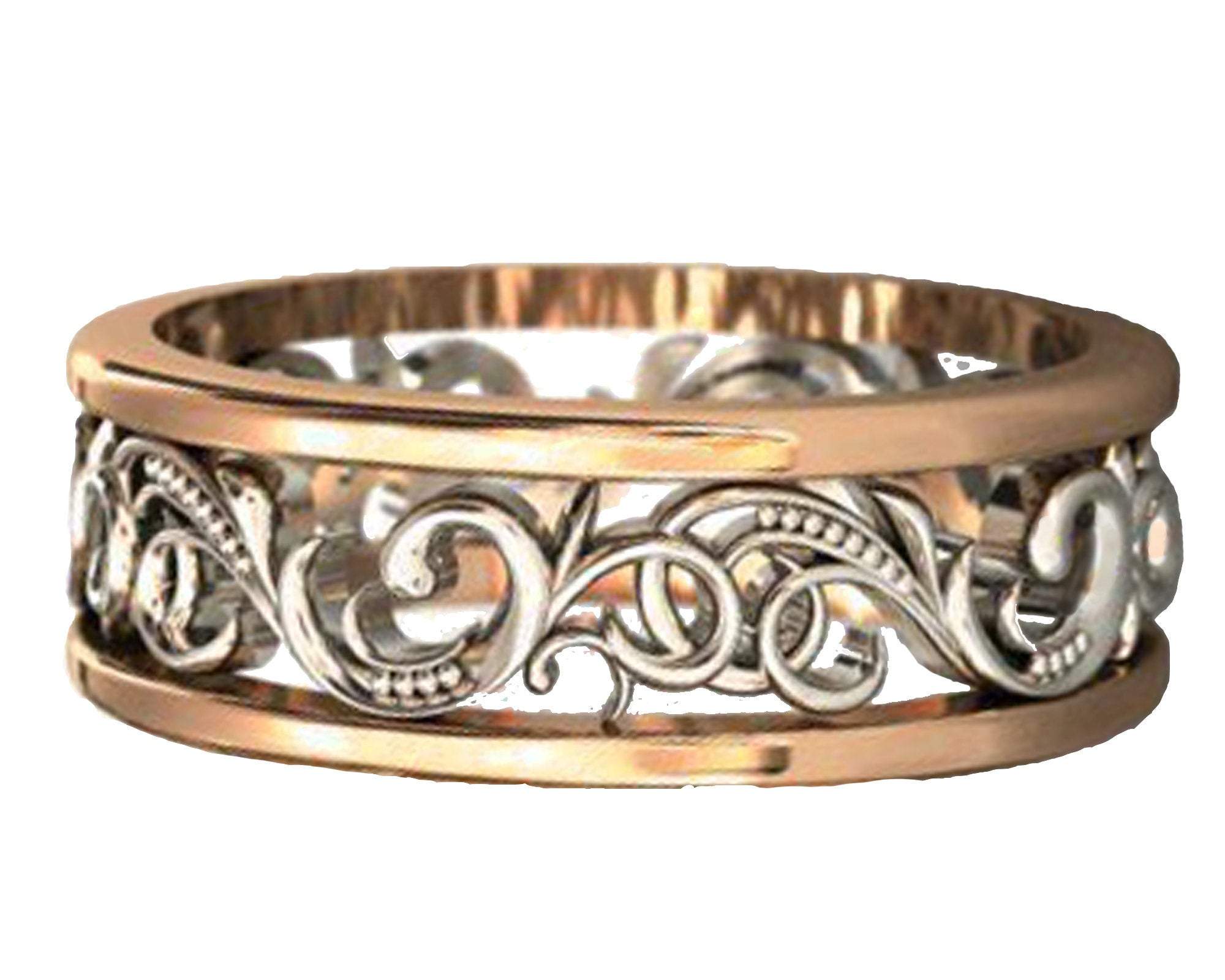Gold Two Tone Wedding Band Celtic Band Floral Band Ornament Filigree Band Edwardian Ring