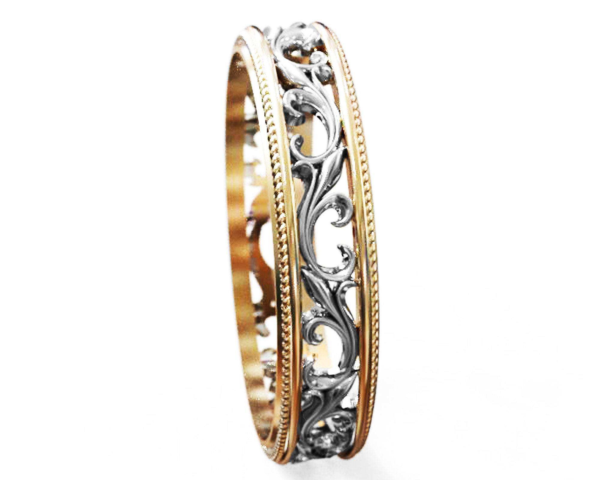 14K White gold Botanical Band Ring Celtic Band Wedding Band Floral Band Edwardian Ring Ornament Filigree Band