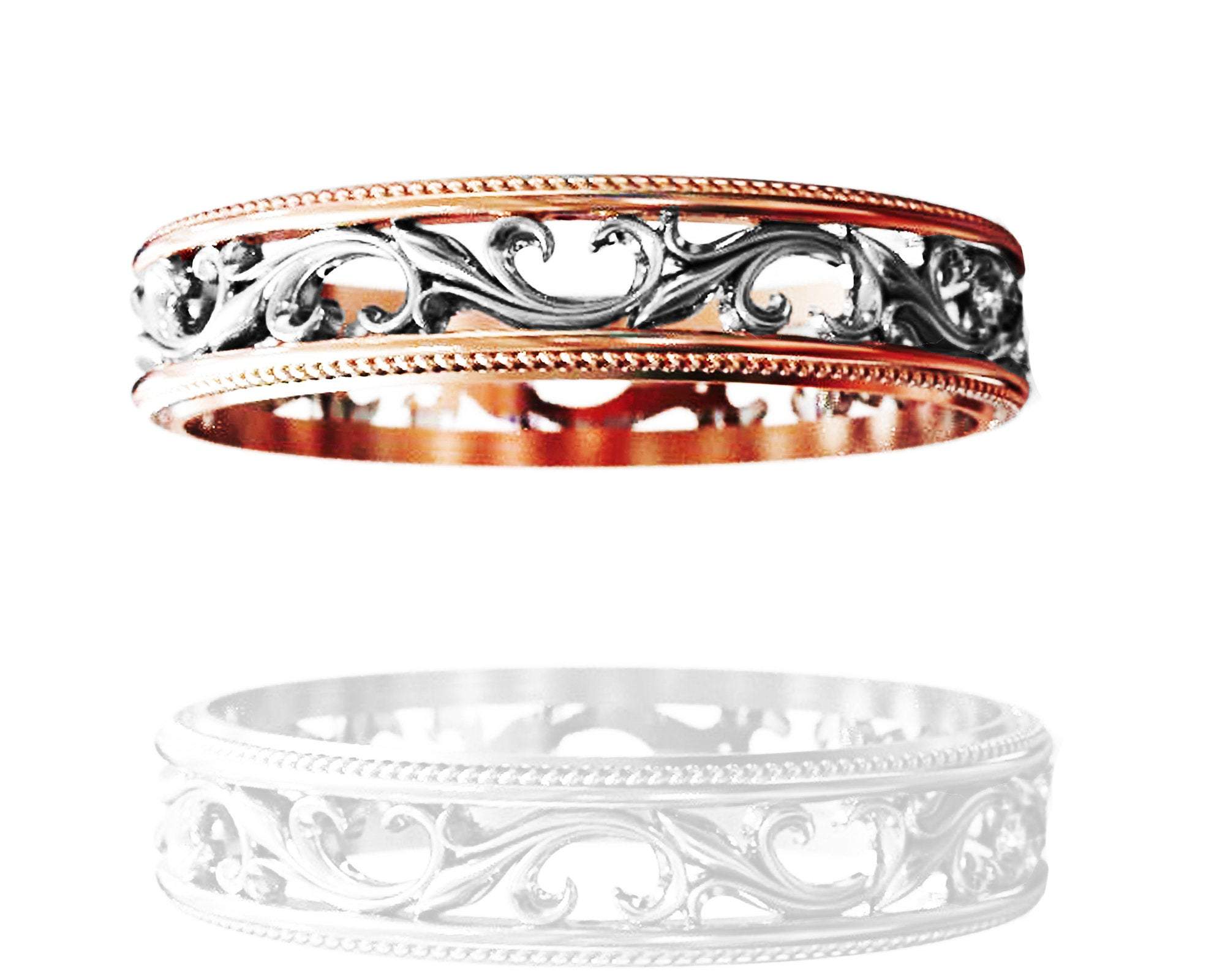 Celtic Wedding Band 2 Tone gold Floral Band Edwardian Ring Ornament Ring Filigree Band