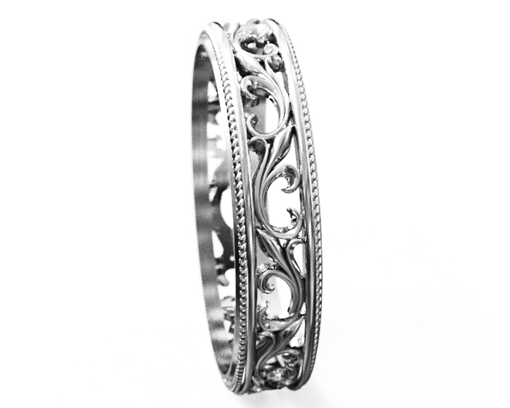 14K White gold Botanical Band Ring Celtic Band Wedding Band Floral Band Edwardian Ring Ornament Filigree Band