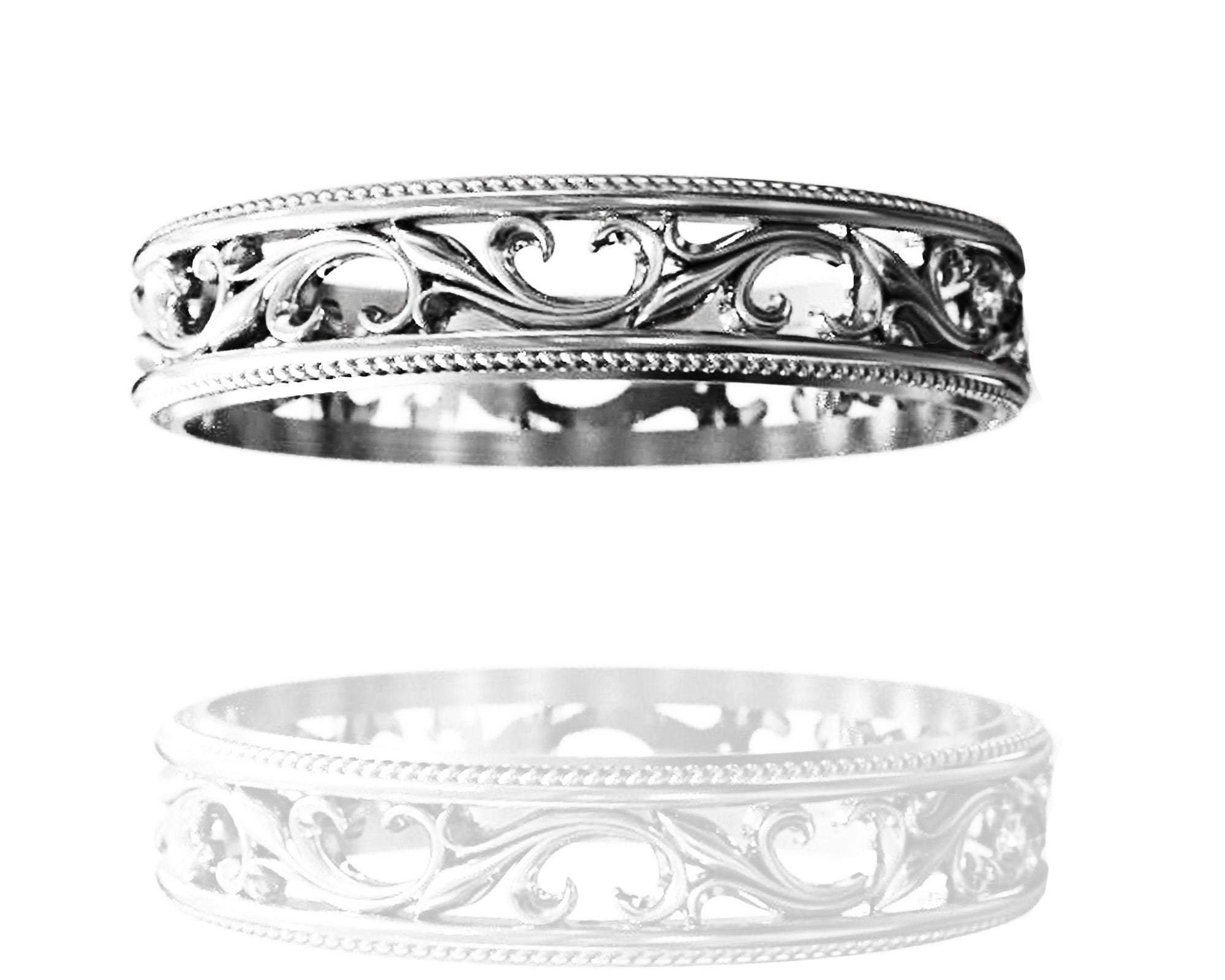 2 Tone Rose gold Floral Band Wedding band Celtic Band Botanical Band Ornament Filigree Band - Lianne Jewelry