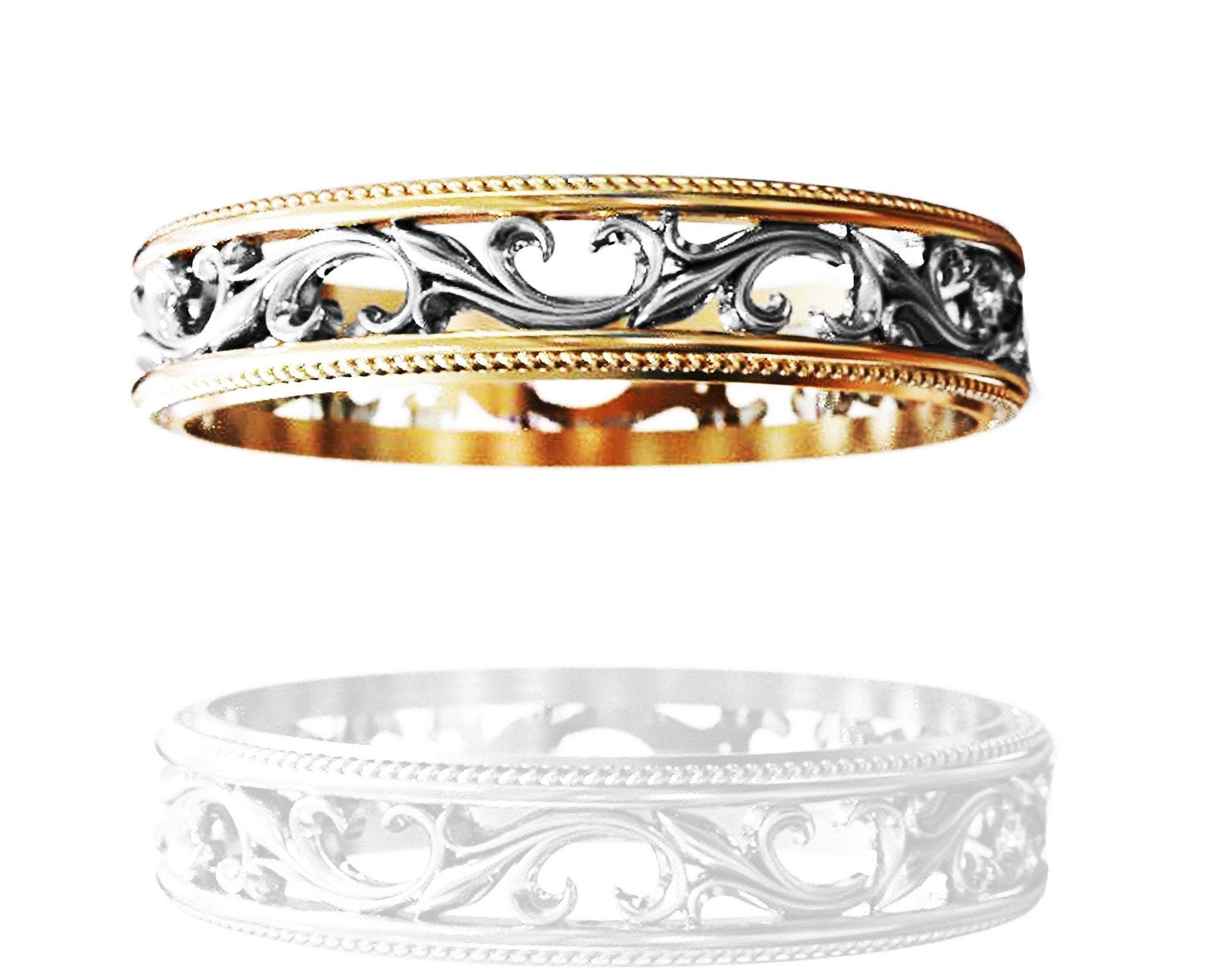 14K White gold Botanical Band Ring Celtic Band Wedding Band Floral Band Edwardian Ring Ornament Filigree Band