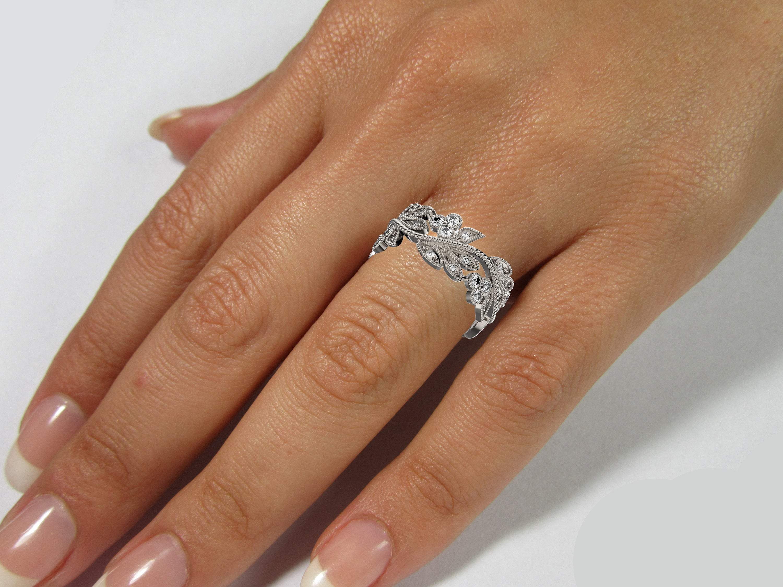 Wide Leaves Band Filigree Ring 18K White Gold Milgrain Ring Branch Ring Twig Band for the one that you Love so much