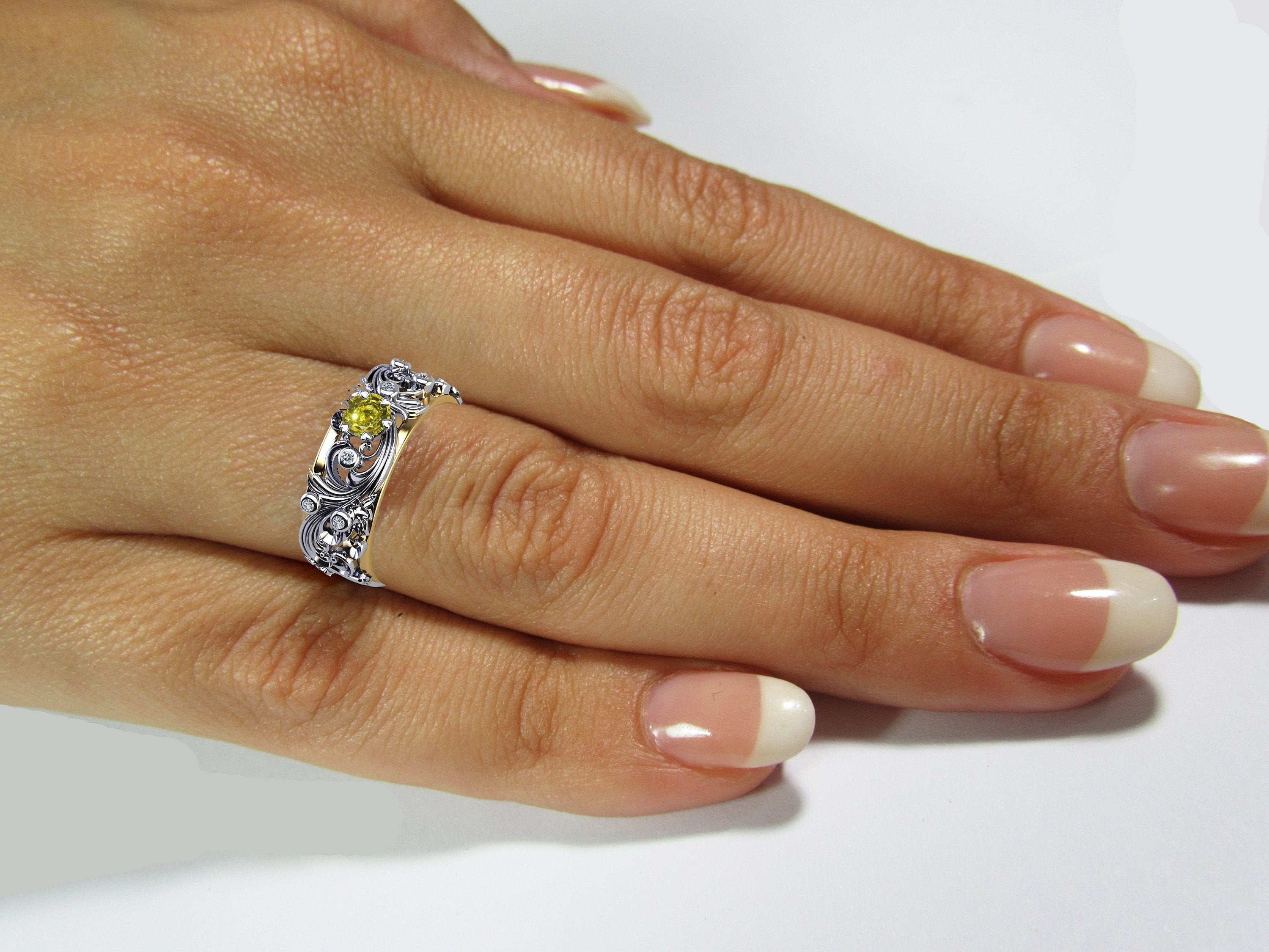 Yellow Sapphire Wedding Flower Band 18K Gold Leaves with Accent Diamonds Floral Band Jewelry