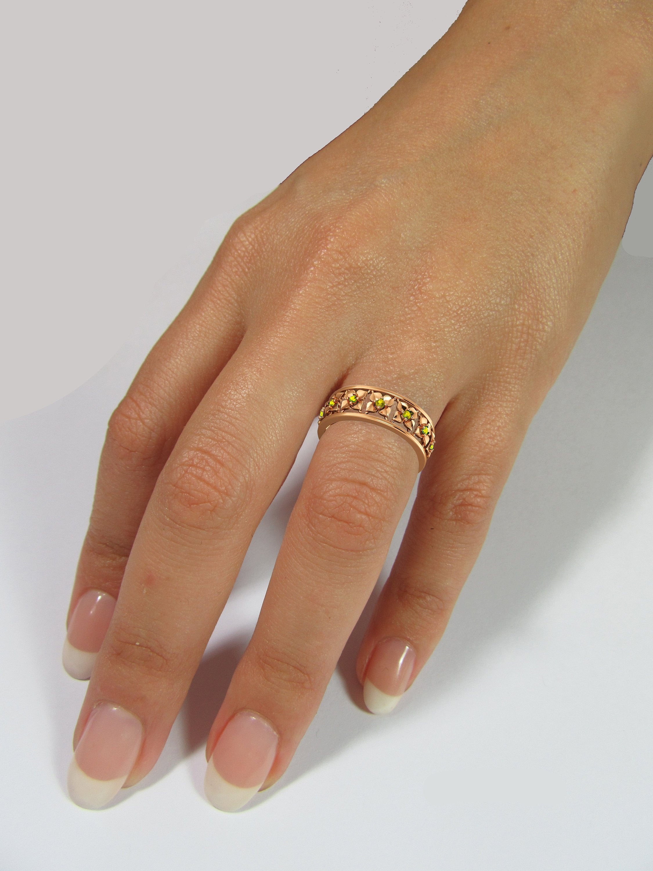 Rose Gold Yellow Flower Eternity Wedding band Ring Leaf ring Filigree band Friendship Yellow Floral Jewelry Yellow Sapphires Wedding gift