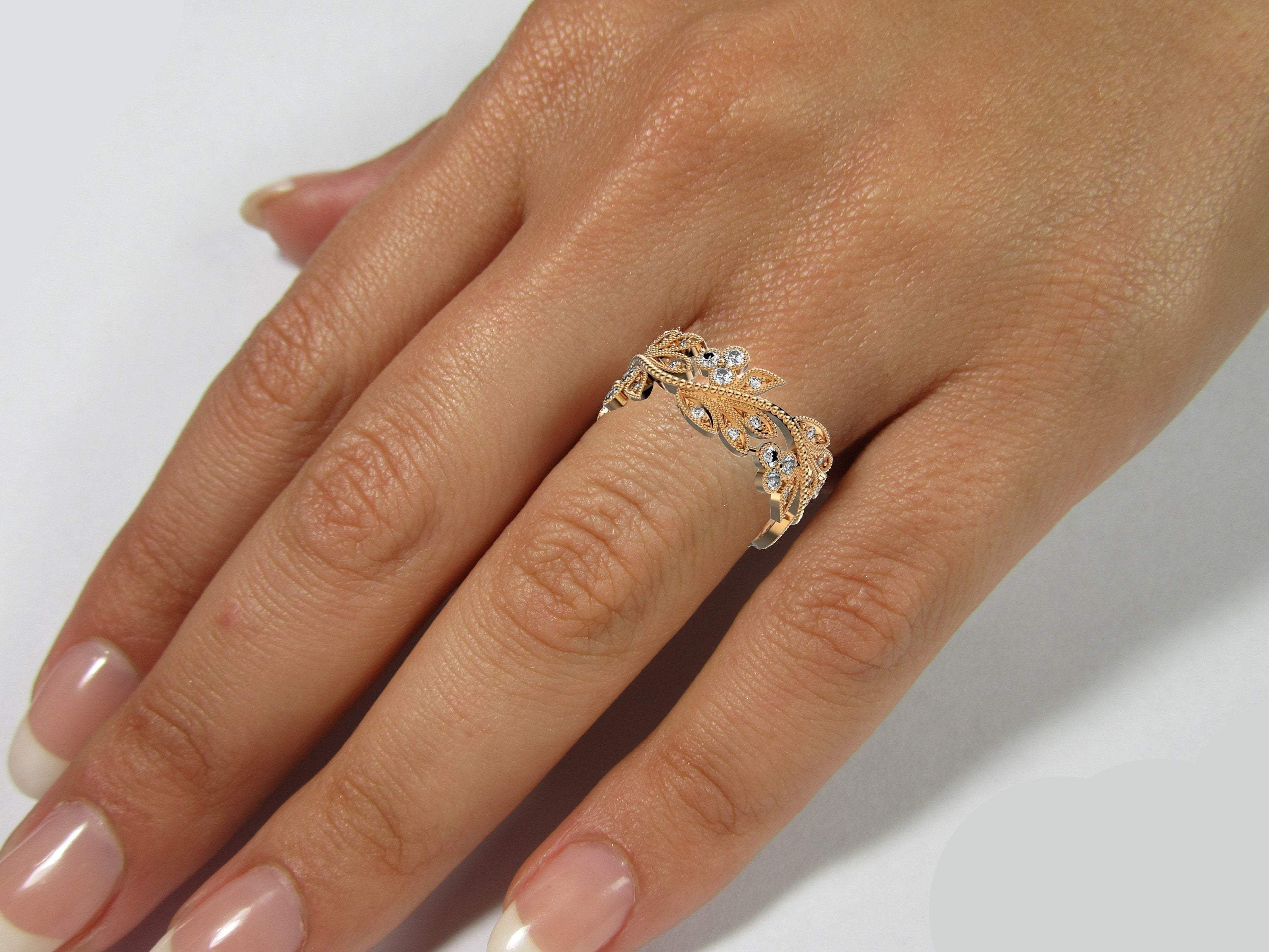18K Rose Wedding Band, Leaves Band, Botanical Filigree Ring Branch Ring For the One You Love