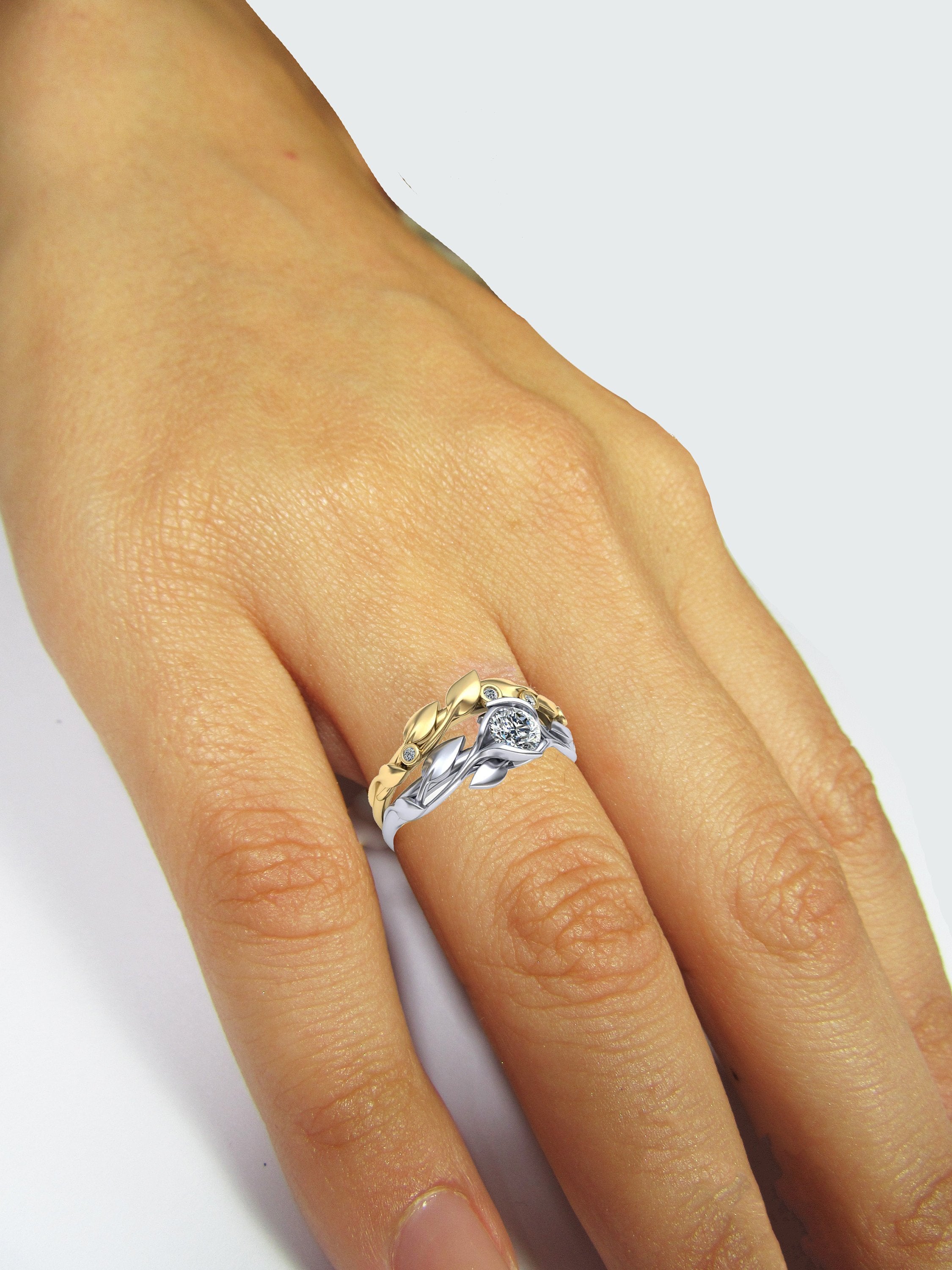 14K Ring Set 2 Tone Gold Leaves Wedding Bridal Set White Gold Engagement Wedding Set Matching Band in Yellow Gold