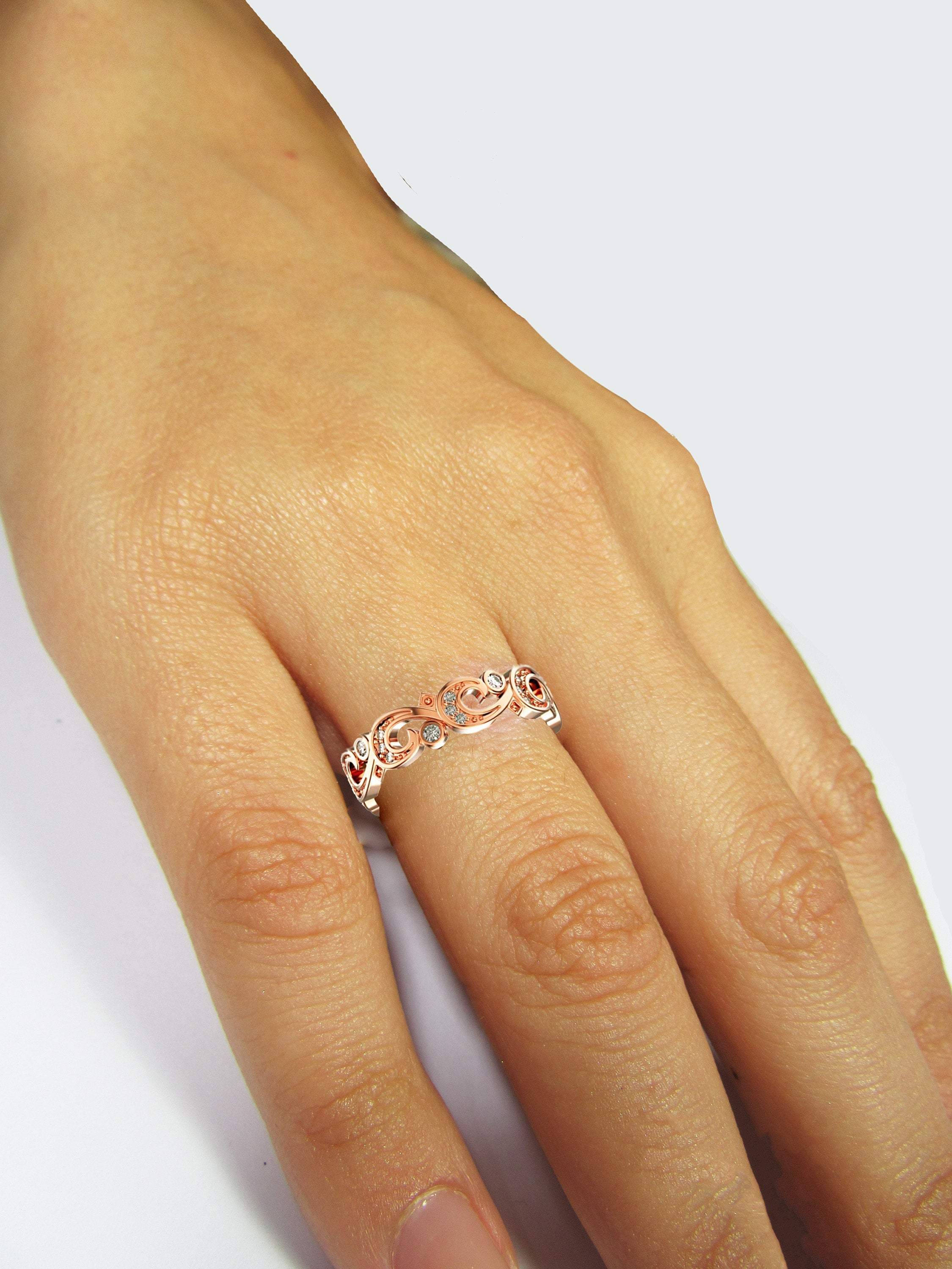 Floral Wedding Band Filigree Diamond Wedding Ring Band Milgrain Rose Gold Ring Branch Flower Band Birthday Gift Accent Diamonds