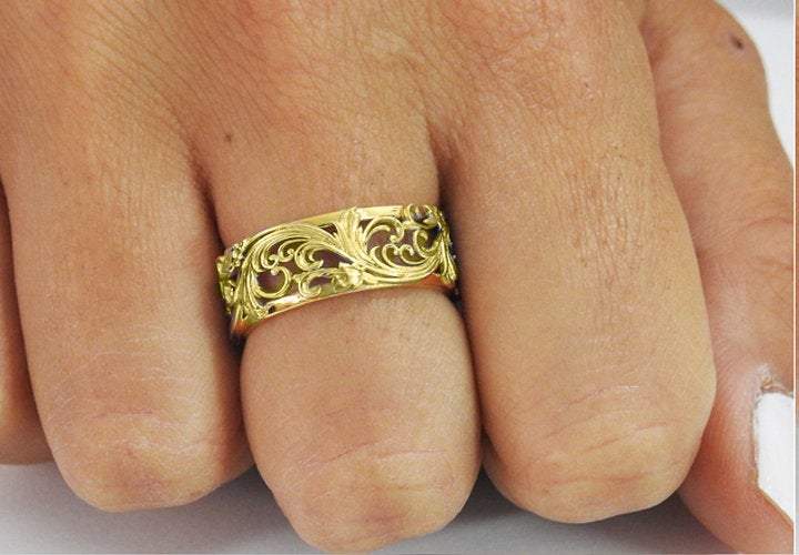 18K White gold Flower Band Wedding Band Unique Botanical Jewelry, Leaves Band