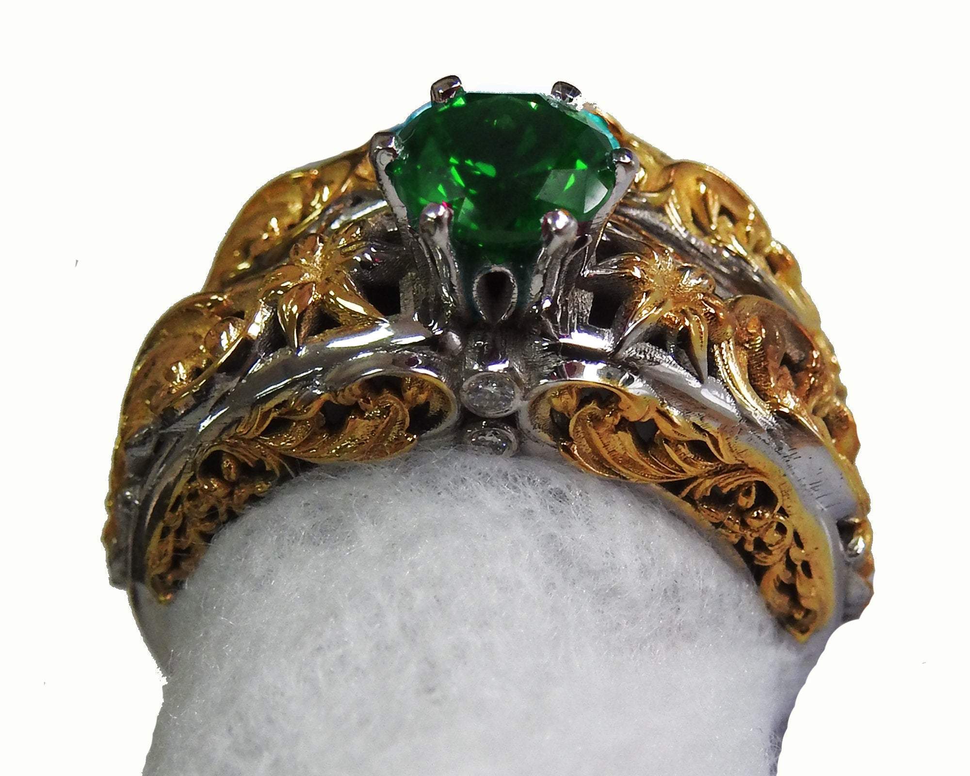 2 Tone Matching Ring Set Filigree Band ring Green Bridal Set Flower Set Ring Milgrain Band Ring Lab Emerald Art Nouveau unique wedding band