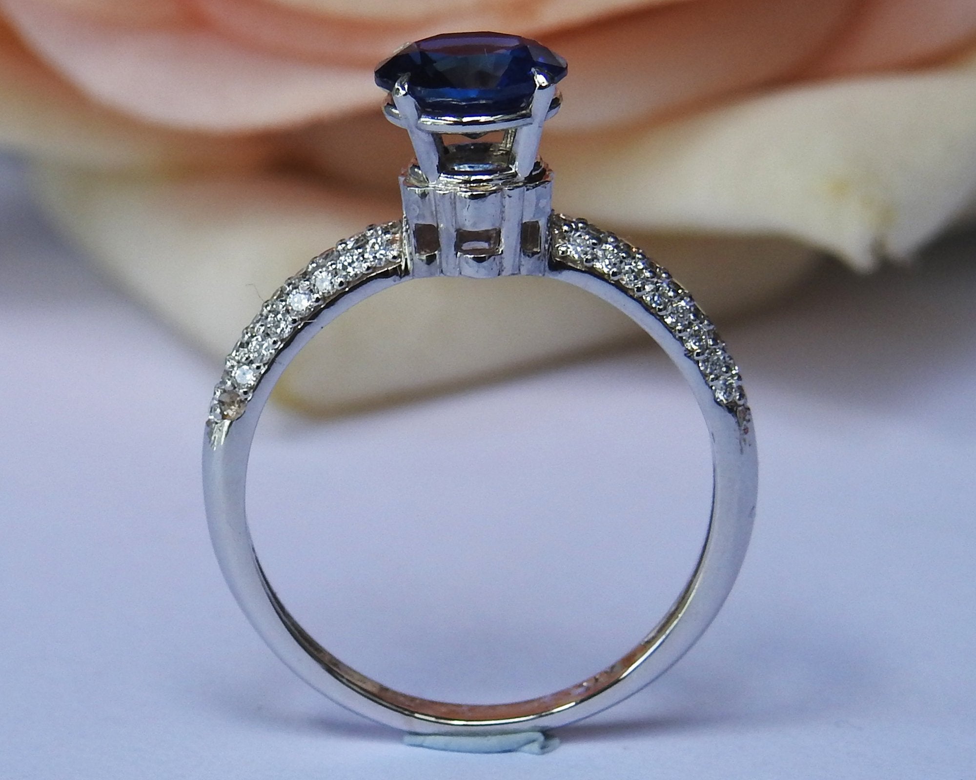 14K White gold Sapphire Engagement Ring, Round Blue Sapphire, Pave Diamonds on the Shank - Lianne Jewelry