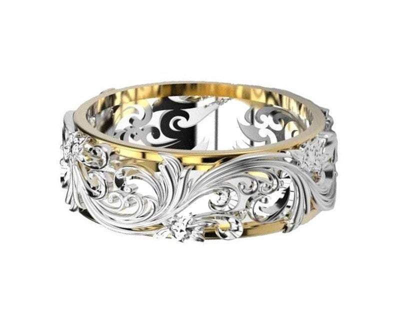 SALE -50% - 2 Tone Leaves Band 18K Flower Ring Filigree Ring in Ring US ring size 5 - Lianne Jewelry
