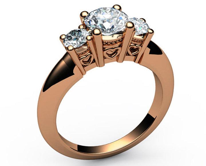 18K Gold 3 stone Engagement Ring, Heart Filigree Gold ring Diamond Engagement Ring, Promise Ring