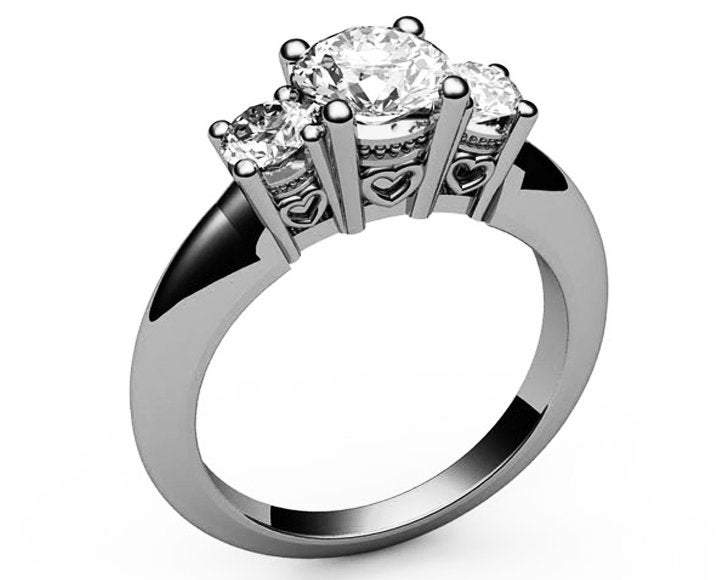 18K Rose Gold 3 stone Diamond Ring with Heart Filigree Unique Engagement Ring Promise Ring