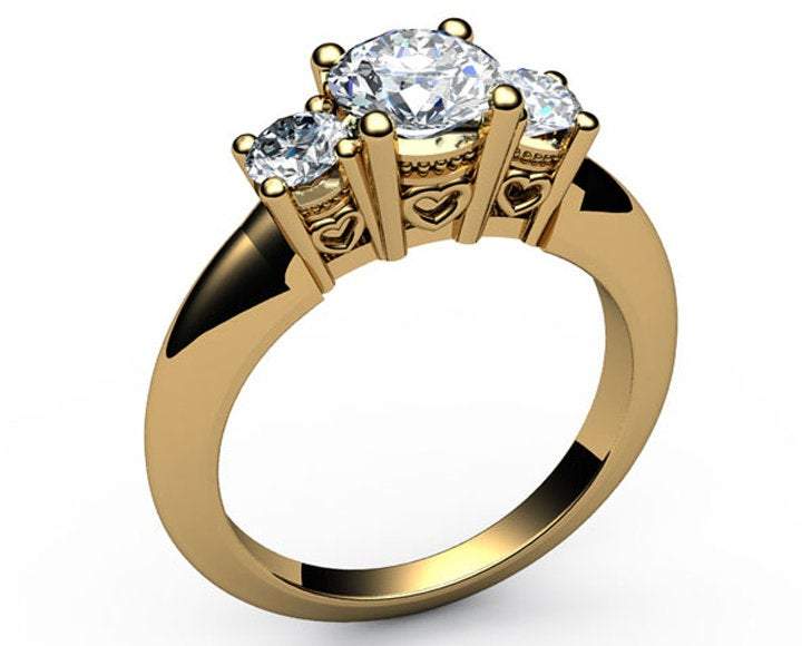 18K Rose Gold 3 stone Diamond Ring with Heart Filigree Unique Engagement Ring Promise Ring