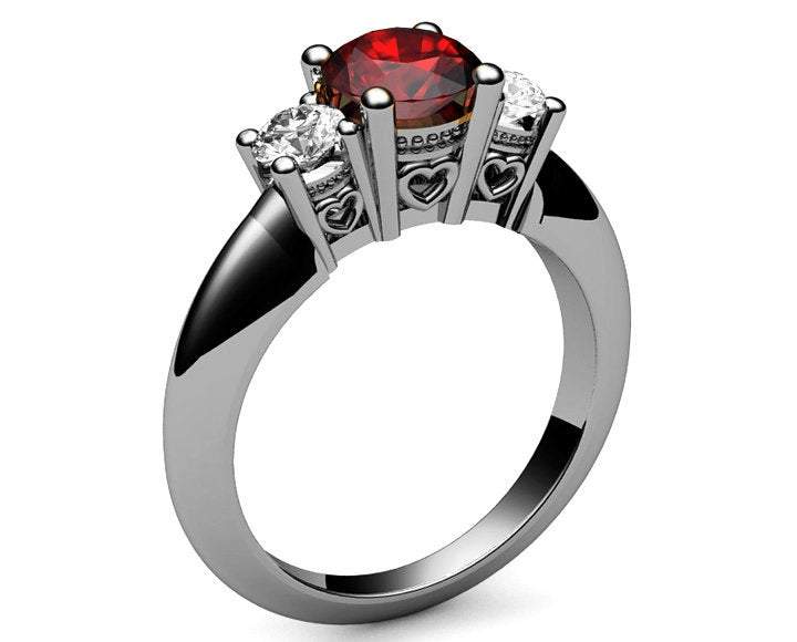 3 stone Heart Ruby Engagement Ring 14K Yellow gold Heart Filigree Ring Milgrain Ring Red Promise Ring for Your Love One