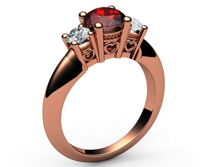 3 stone Heart Ruby Engagement Ring 14K Yellow gold Heart Filigree Ring Milgrain Ring Red Promise Ring for Your Love One