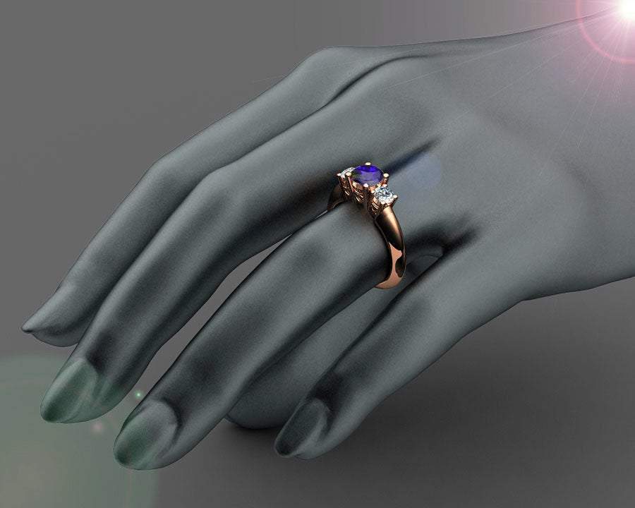 Rose Gold Ring Heart Milgrain 3 stone Filigree Sapphire Heart Engagement Ring 14K Promise Ring for Your Love One
