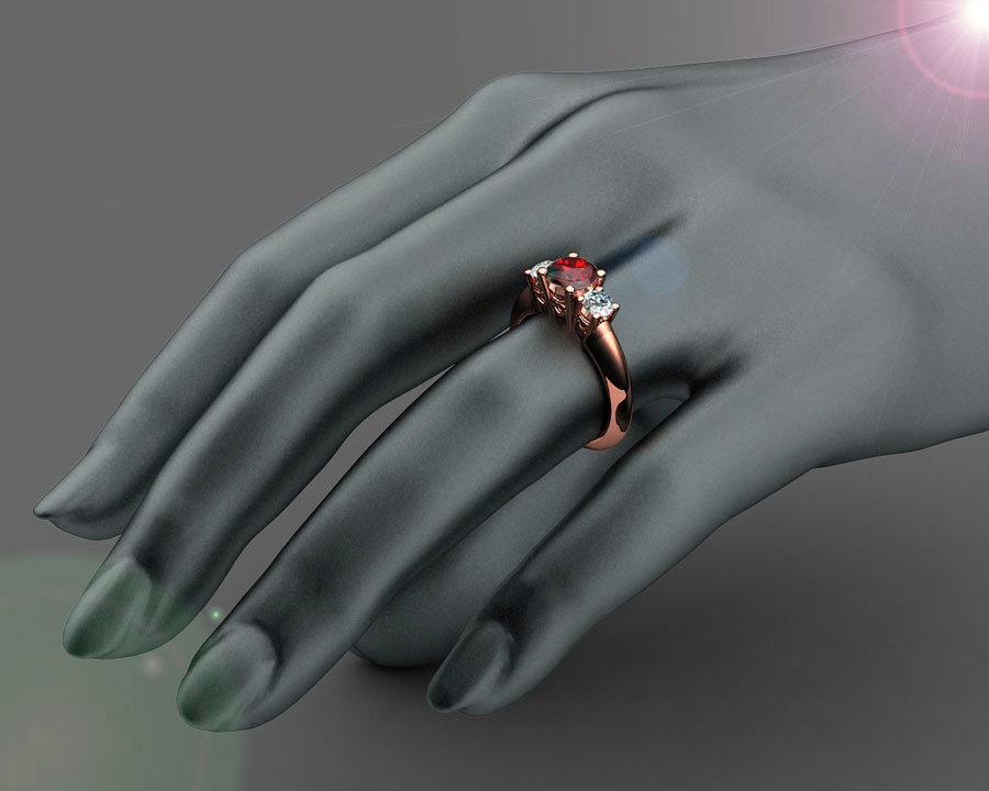 Rose Gold Ruby Ring 3 stone Heart Engagement Ring 14K Heart Filigree Ring Milgrain Ring Promise Ring for Your Love One
