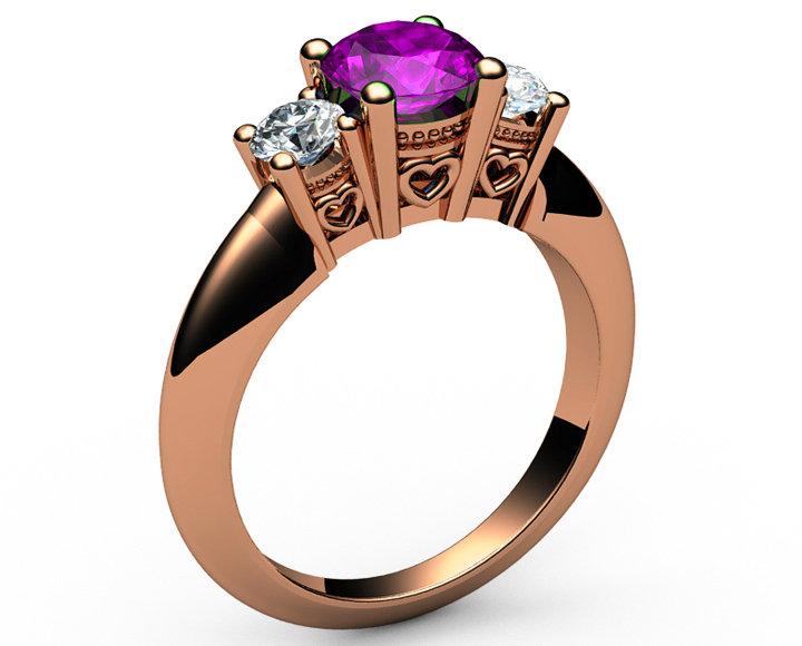 3 stone Heart Filigree Amethyst Engagement Ring 14K Yellow gold Heart Milgrain Ring Promise Ring for Your Love One