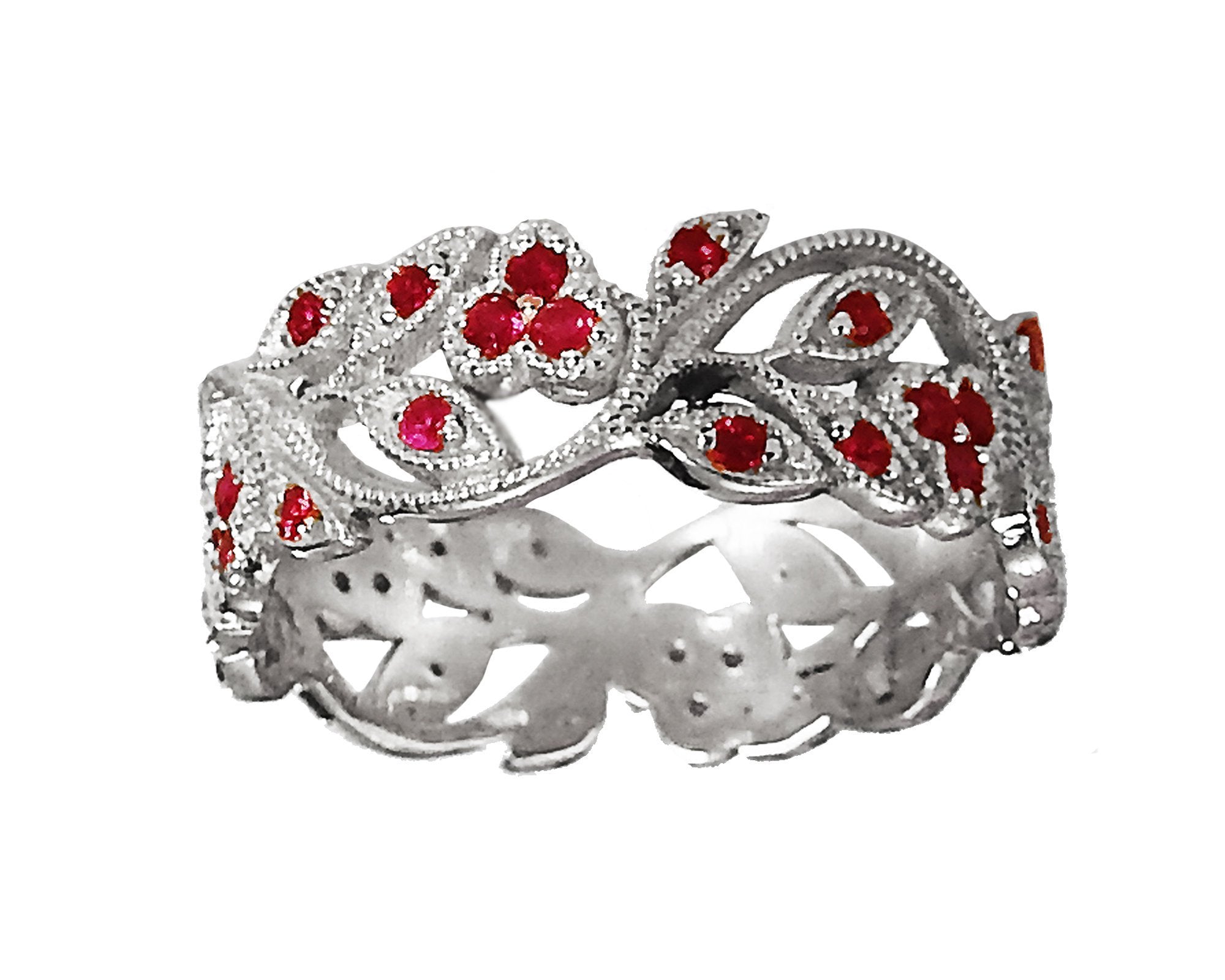 18K White gold Leaves Band with Rubies Filigree Ring Milgrain Twig Ring - Lianne Jewelry