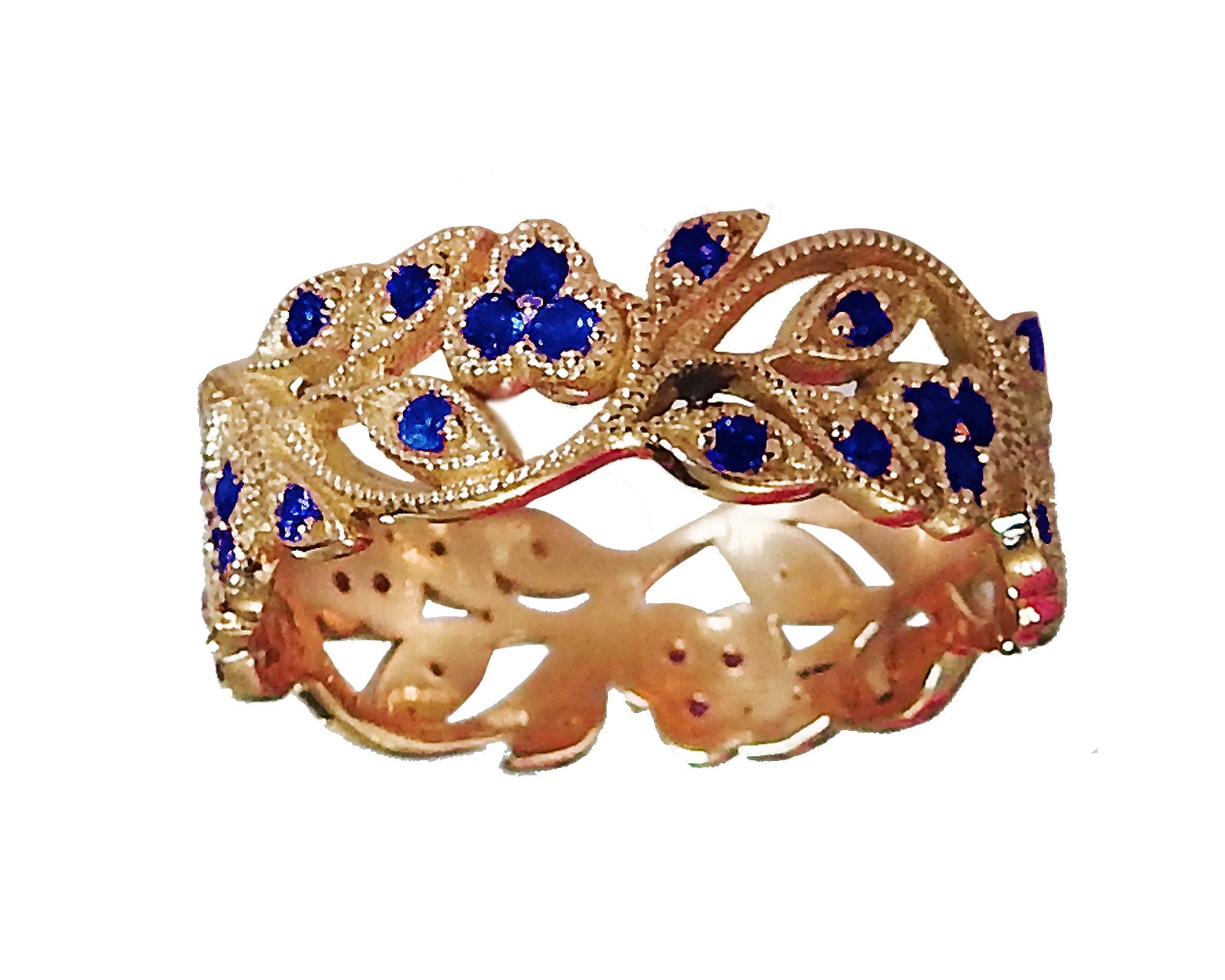 18K Rose gold Leaves Band with 42 Sapphires Filigree Ring Milgrain Twig Ring - Lianne Jewelry