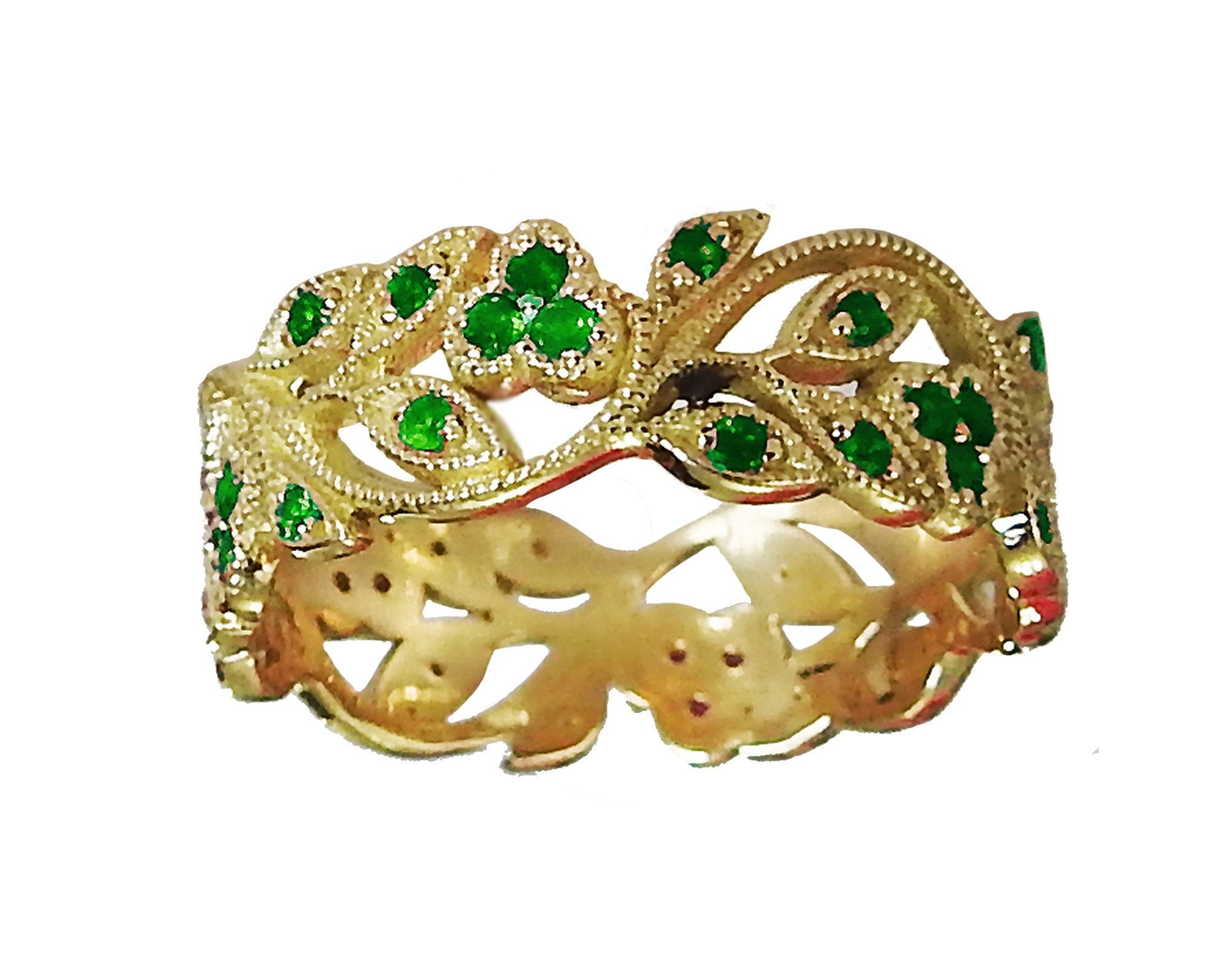 18K Yellow gold Leaves Band Emerald Filigree Ring Milgrain Twig Ring - Lianne Jewelry