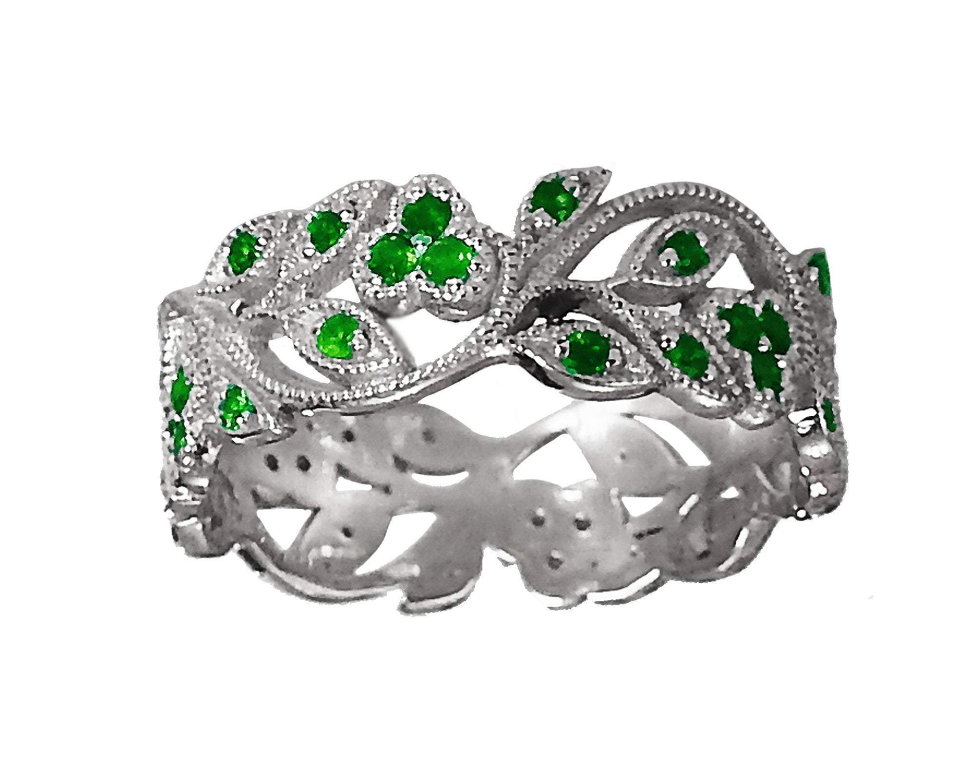 18K White gold Leaves Band Emerald Filigree Ring Milgrain Twig Ring - Lianne Jewelry