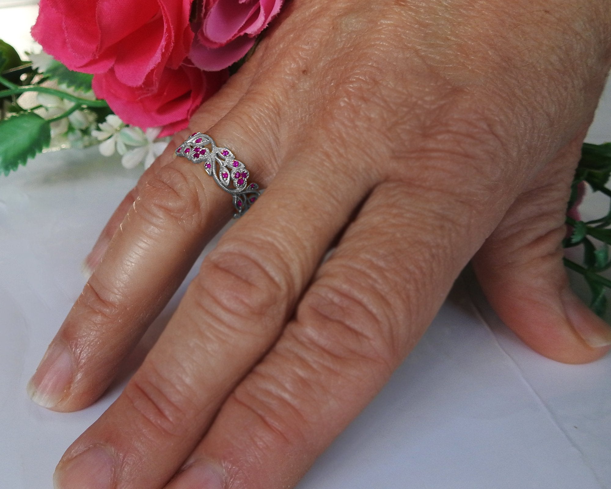 18K White gold Amethyst eaves Band Purple Filigree Ring Milgrain Twig Ring