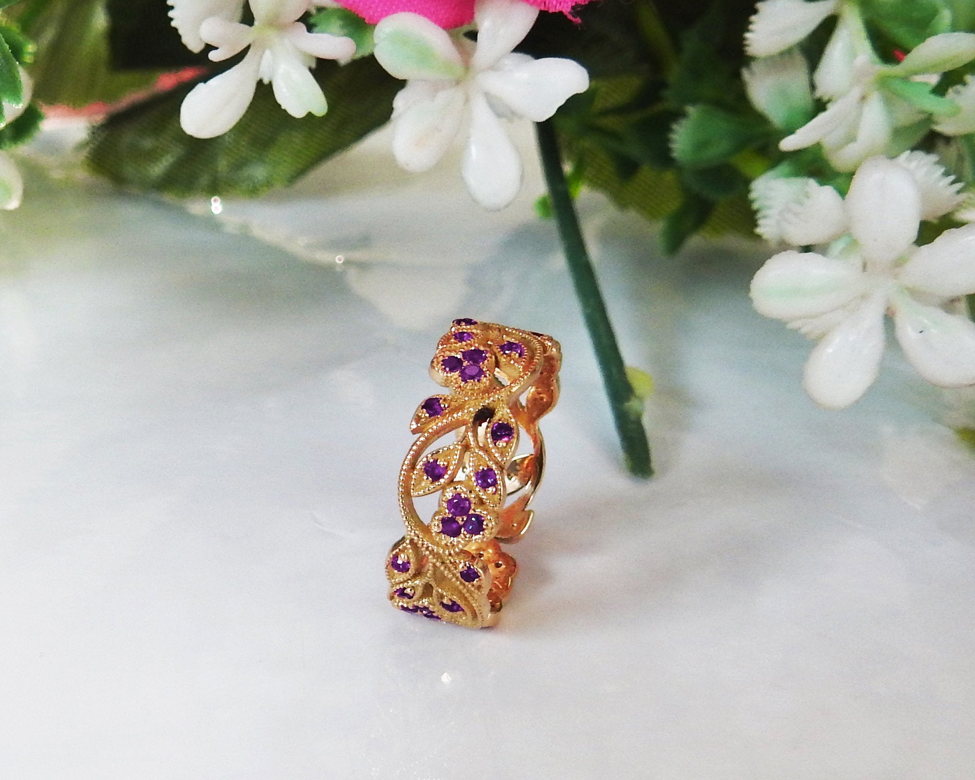 Purple Filigree Leaves Band 18K Rose gold Amethyst Milgrain Twig Ring Gift for Her