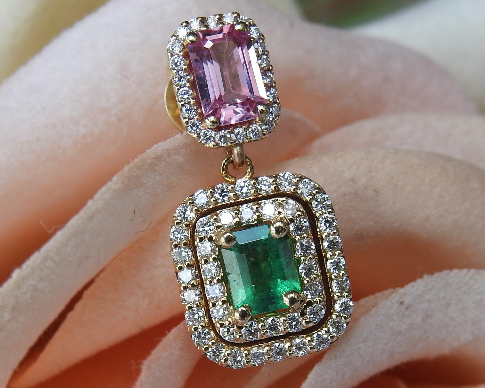 14K Drop Earrings Pink Sapphire Emerald with Diamonds surrounding Dangle Earring