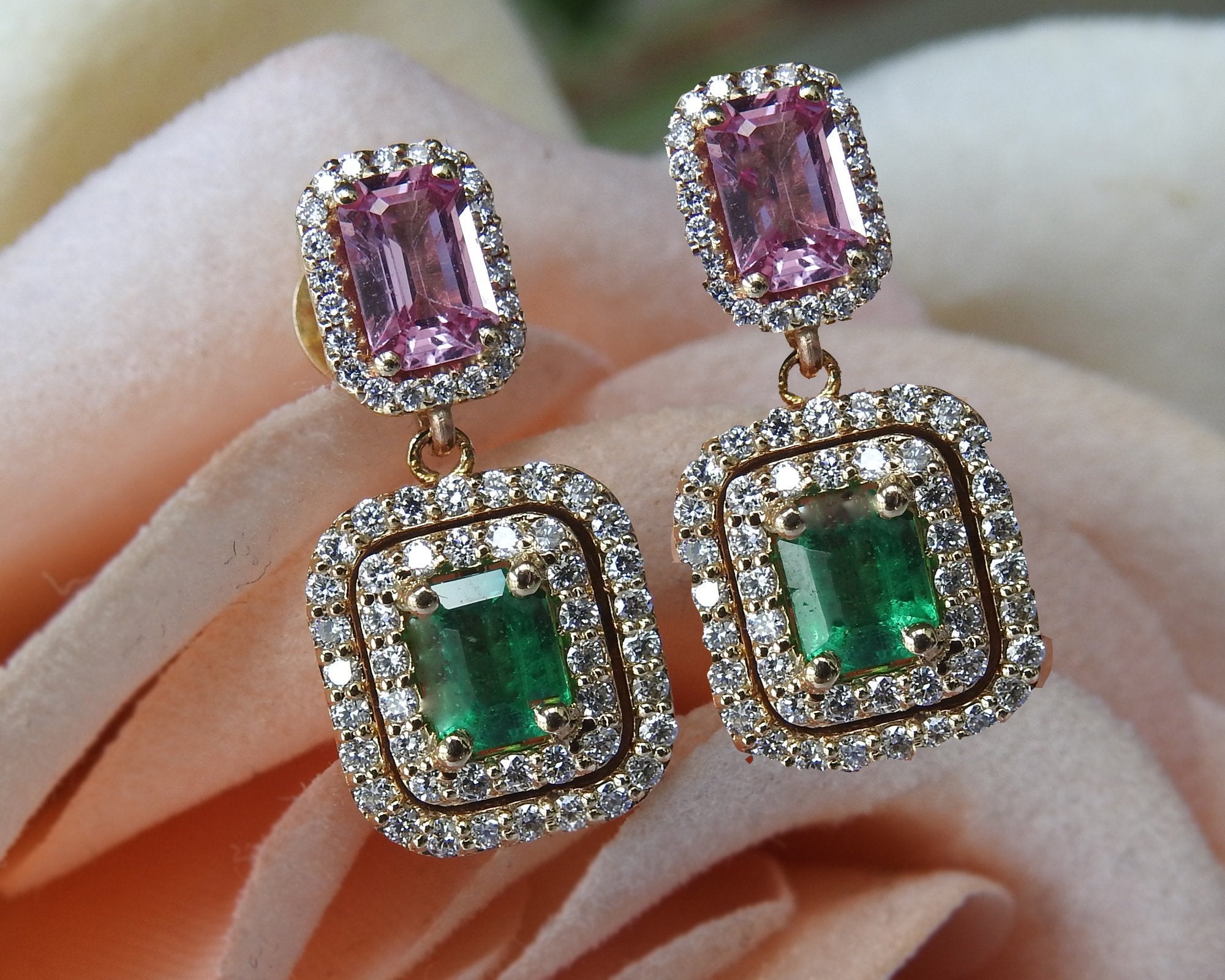 14K Drop Earrings Pink Sapphire Emerald with Diamonds surrounding Dangle Earring - Lianne Jewelry